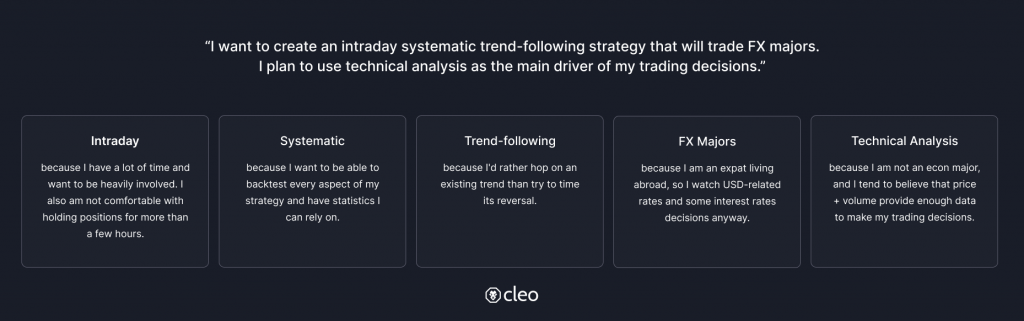 Cleo.finance visual that explains of a strategy statement in your trading journal