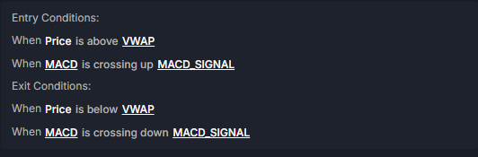 Strategy rules for the MACD, VWAP 1H Trading Strategy on DOGE